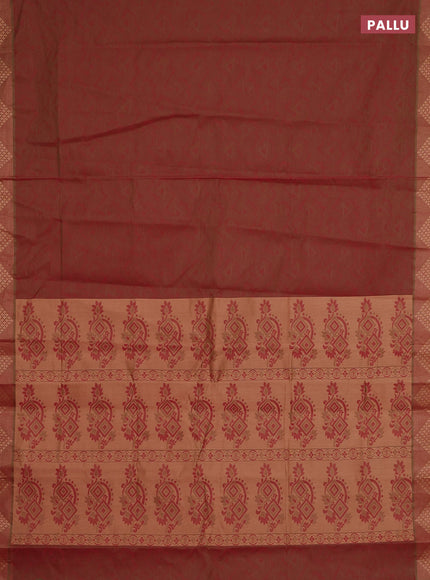 Coimbatore cotton saree dual shade of maroonish green with allover self emboss and thread woven border
