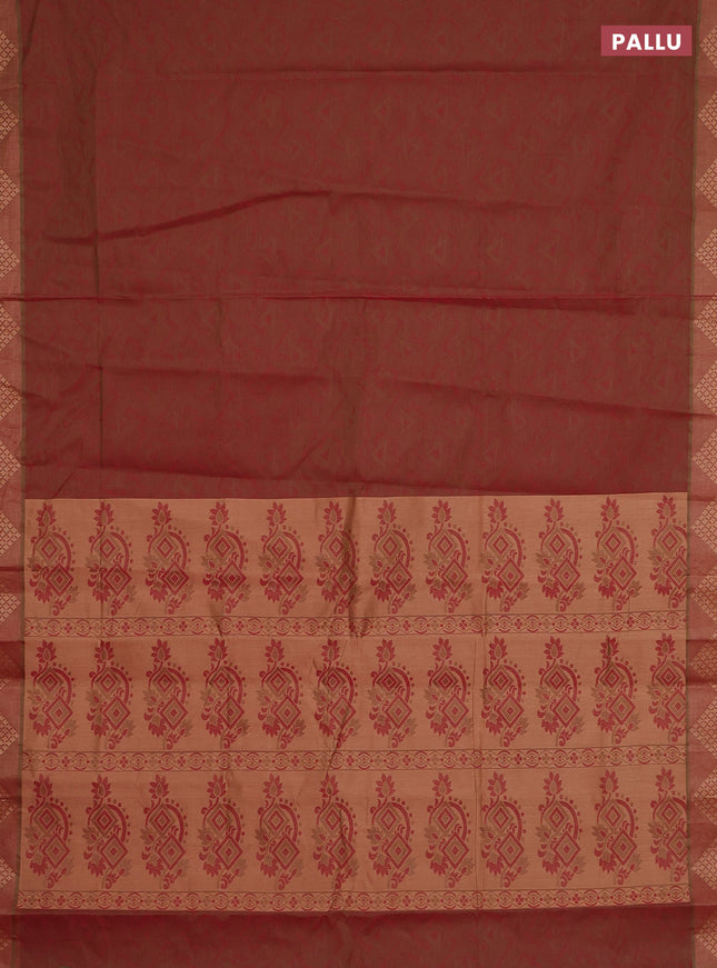 Coimbatore cotton saree dual shade of maroonish green with allover self emboss and thread woven border