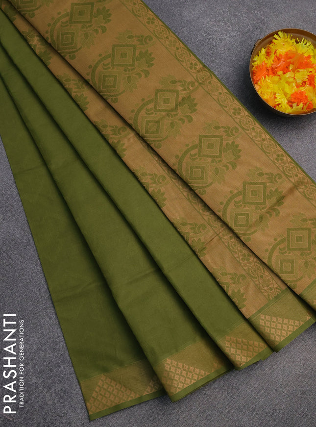 Coimbatore cotton saree sap green with allover self emboss and thread woven border
