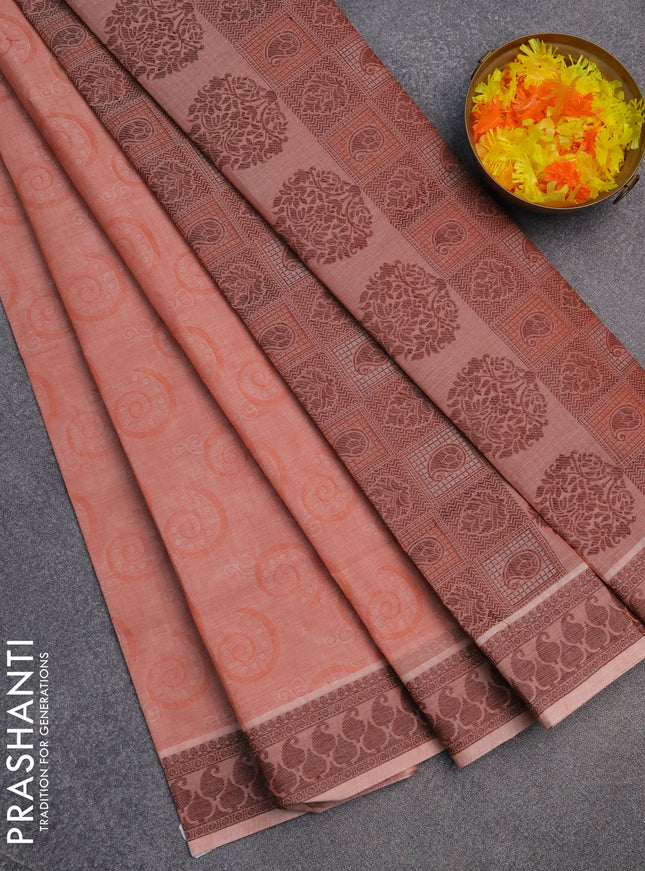 Coimbatore cotton saree rust shade and coffee brown with allover self emboss and thread woven border