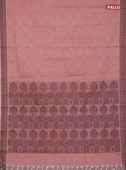 Coimbatore cotton saree rust shade and coffee brown with allover self emboss and thread woven border