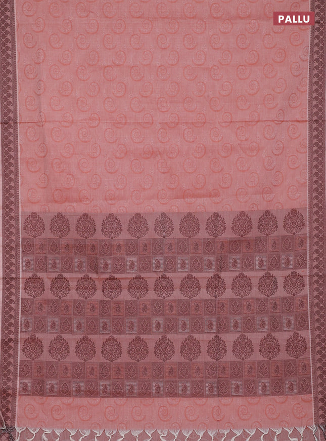 Coimbatore cotton saree rust shade and coffee brown with allover self emboss and thread woven border
