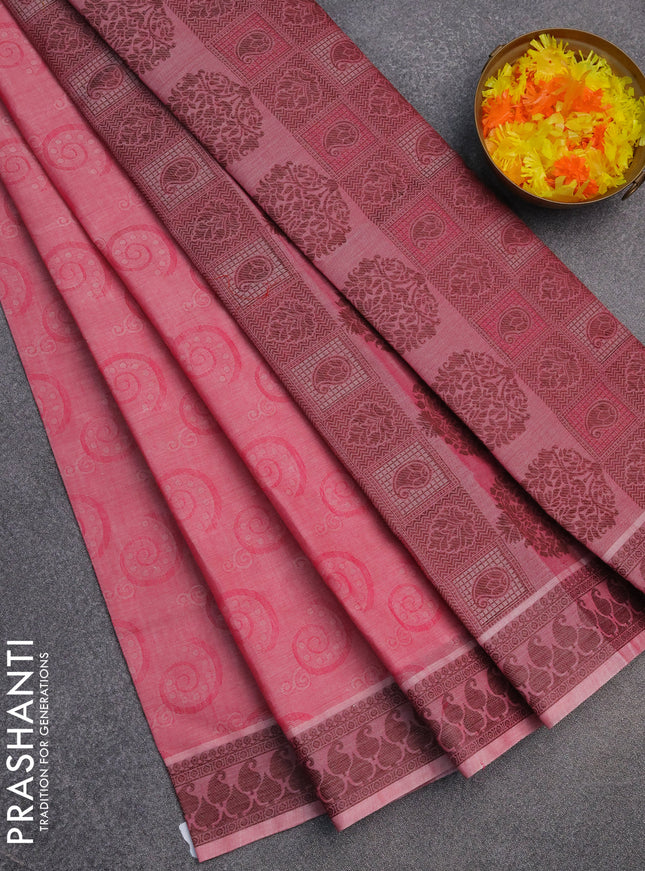 Coimbatore cotton saree pink and coffee brown with allover self emboss and thread woven border