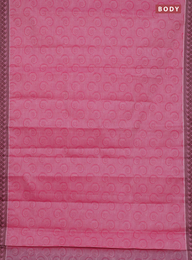 Coimbatore cotton saree pink and coffee brown with allover self emboss and thread woven border