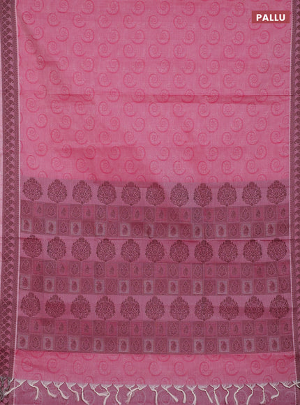 Coimbatore cotton saree pink and coffee brown with allover self emboss and thread woven border
