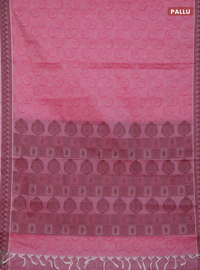 Coimbatore cotton saree pink and coffee brown with allover self emboss and thread woven border