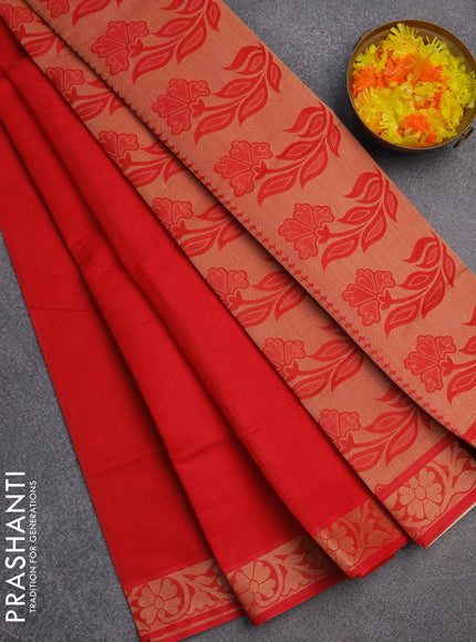 Coimbatore cotton saree orange with allover self emboss and thread woven border
