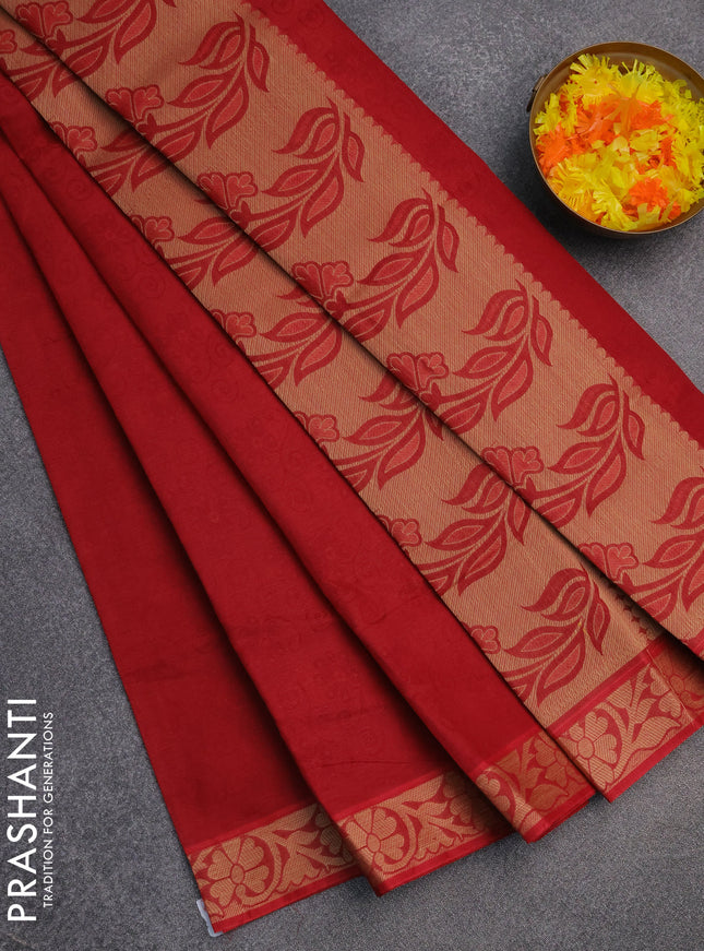 Coimbatore cotton saree maroon with allover self emboss and thread woven border