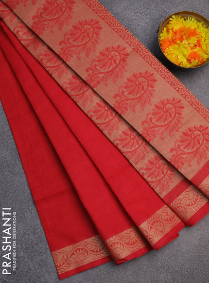 Coimbatore cotton saree red with allover self emboss and thread woven border