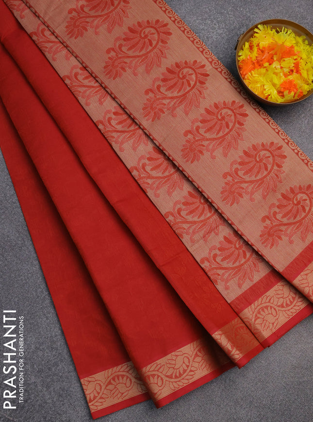 Coimbatore cotton saree rustic orange with allover self emboss and thread woven border