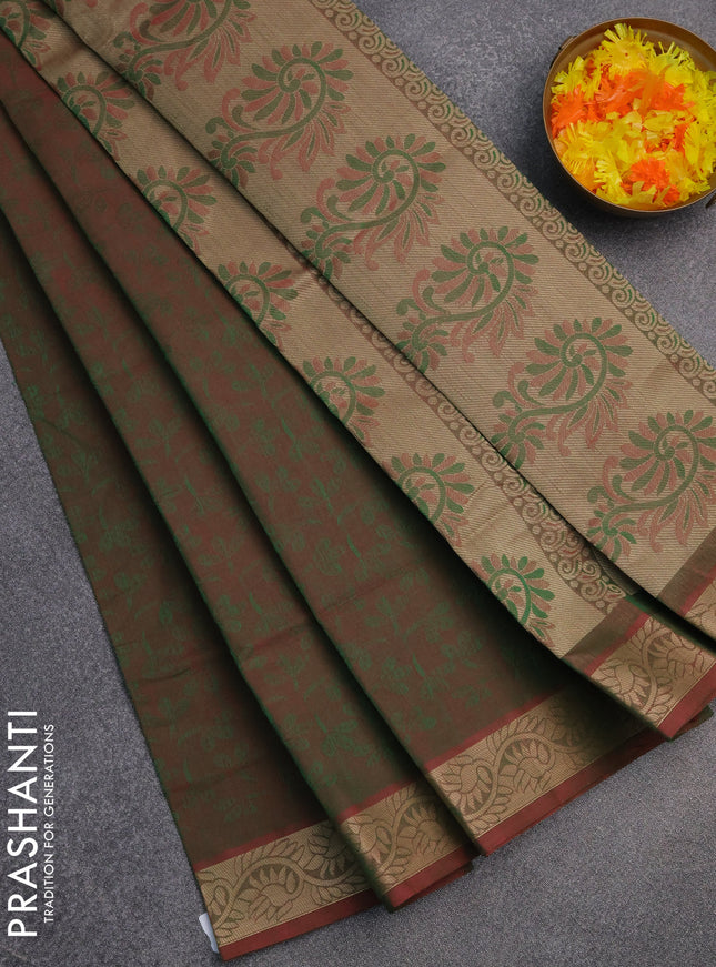 Coimbatore cotton saree dual shade of greenish maroon with allover self emboss and thread woven border