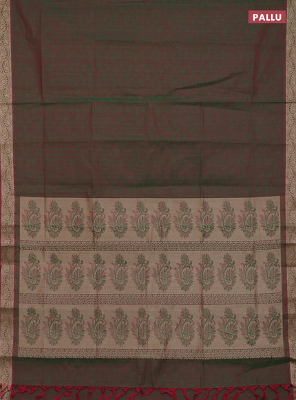 Coimbatore cotton saree dual shade of greenish maroon with allover self emboss and thread woven border