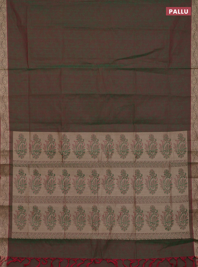 Coimbatore cotton saree dual shade of greenish maroon with allover self emboss and thread woven border