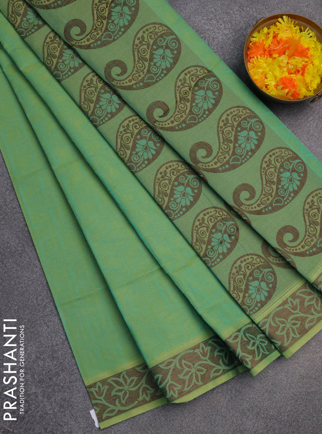 Coimbatore cotton saree dual shade of teal blue with allover self emboss and thread woven border