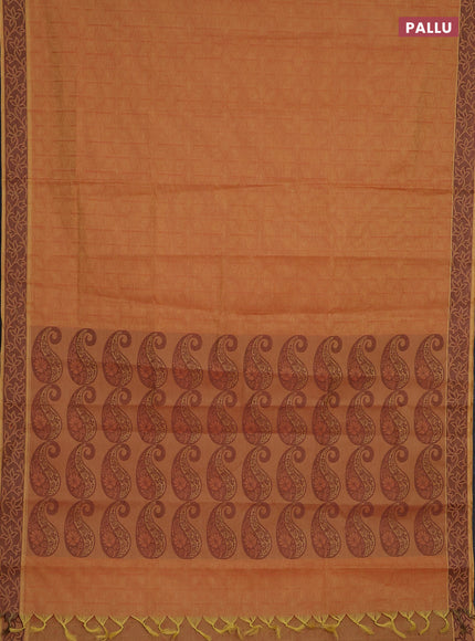 Coimbatore cotton saree dual shade of dark mustard with allover self emboss and thread woven border