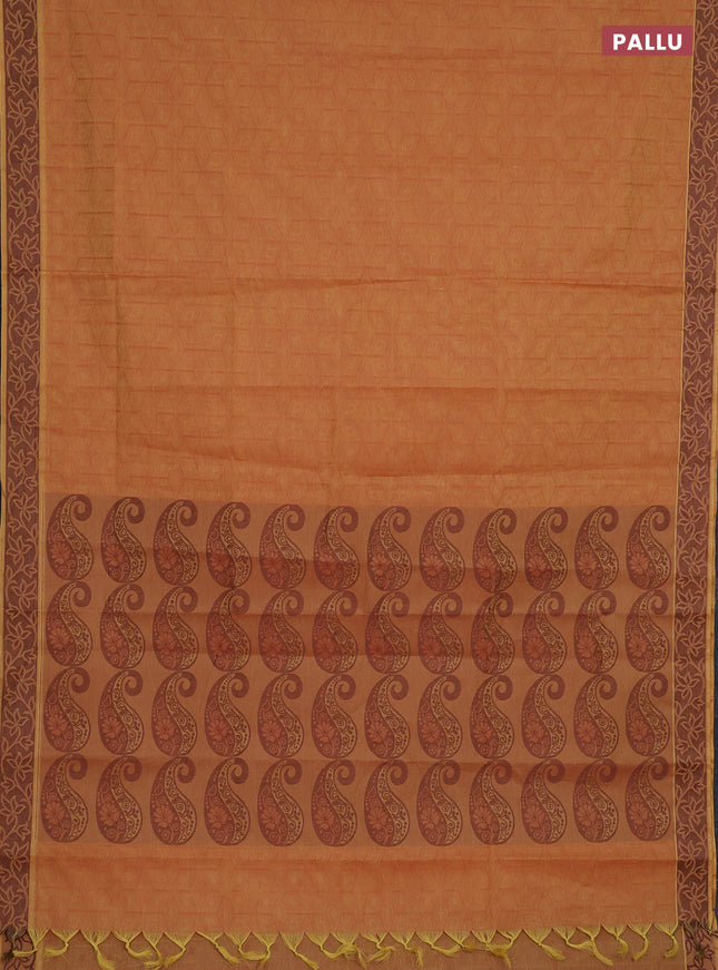 Coimbatore cotton saree dual shade of dark mustard with allover self emboss and thread woven border