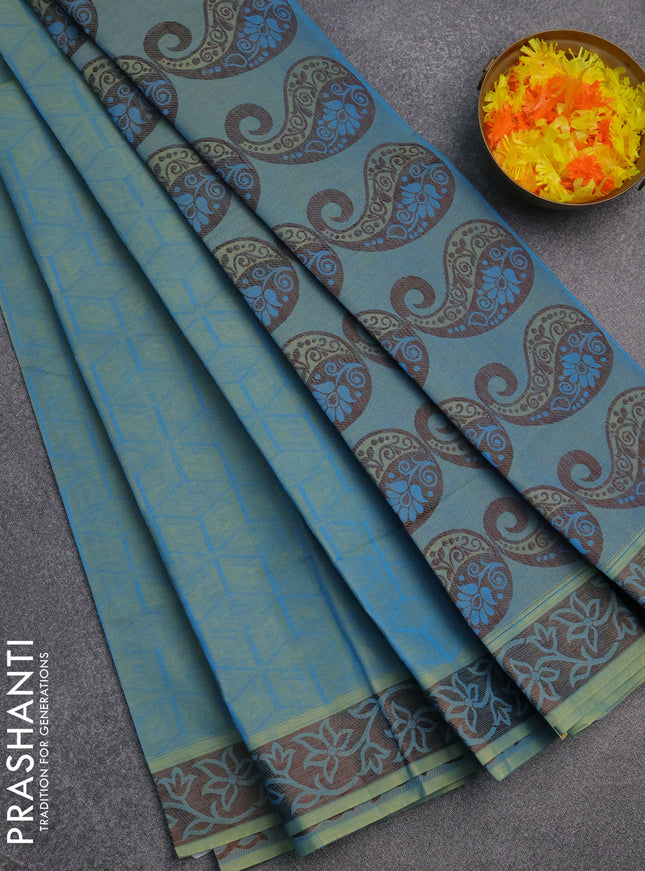 Coimbatore cotton saree dual shade of blue and coffee brown with allover self emboss and thread woven border