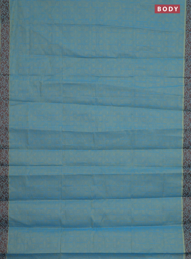 Coimbatore cotton saree dual shade of blue and coffee brown with allover self emboss and thread woven border