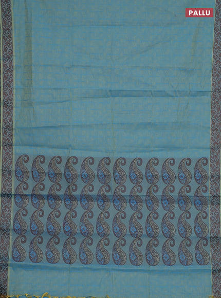 Coimbatore cotton saree dual shade of blue and coffee brown with allover self emboss and thread woven border