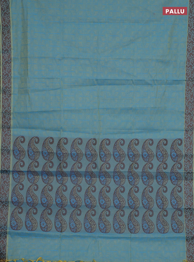 Coimbatore cotton saree dual shade of blue and coffee brown with allover self emboss and thread woven border