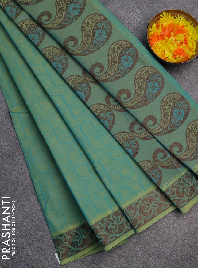 Coimbatore cotton saree dual shade of teal bluish green and coffee brown with allover self emboss and thread woven border