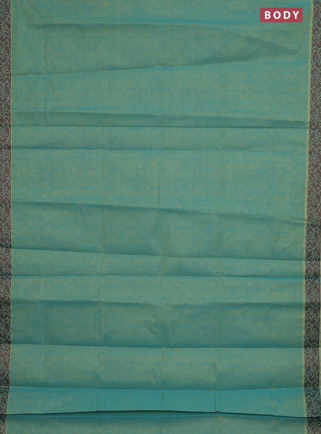 Coimbatore cotton saree dual shade of teal bluish green and coffee brown with allover self emboss and thread woven border