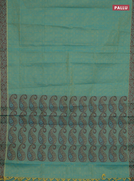 Coimbatore cotton saree dual shade of teal bluish green and coffee brown with allover self emboss and thread woven border