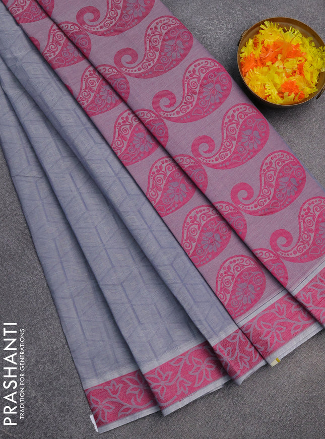 Coimbatore cotton saree grey and pink with allover self emboss and thread woven border