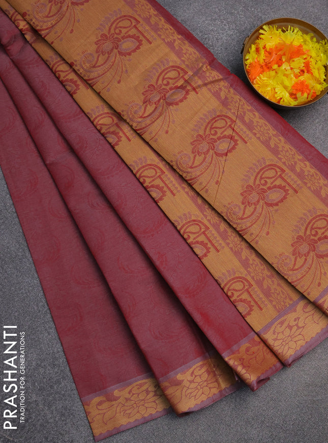 Coimbatore cotton saree pastel wine shade with allover self emboss and thread woven border