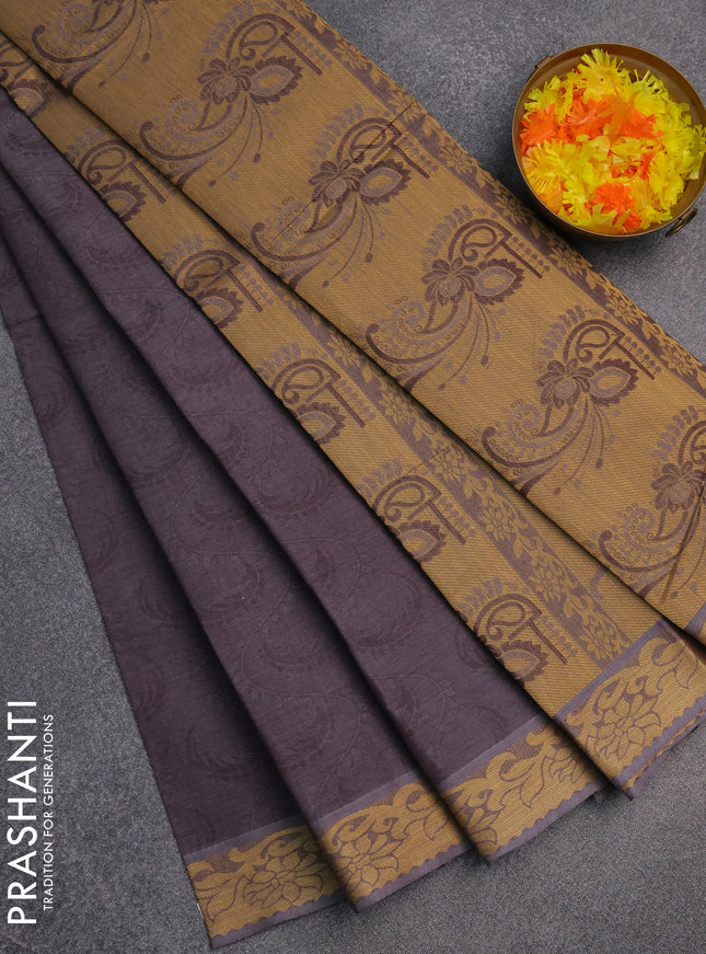 Coimbatore cotton saree grey shade with allover self emboss and thread woven border