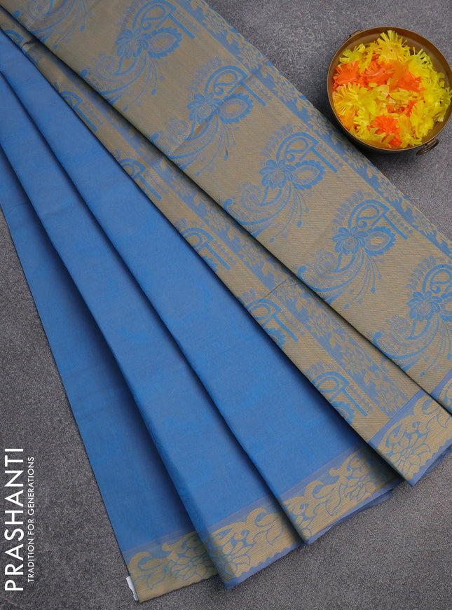 Coimbatore cotton saree blue with allover self emboss and thread woven border