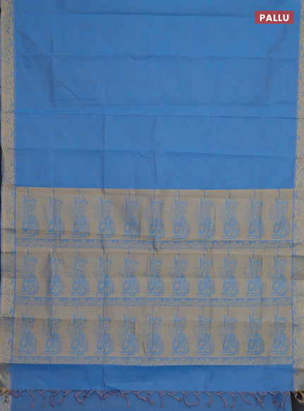 Coimbatore cotton saree blue with allover self emboss and thread woven border