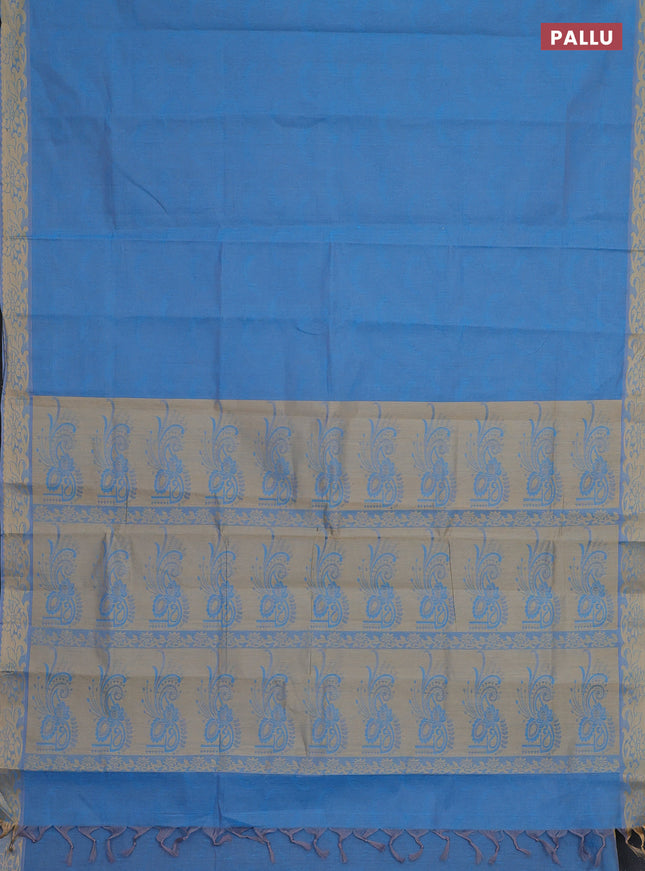 Coimbatore cotton saree blue with allover self emboss and thread woven border