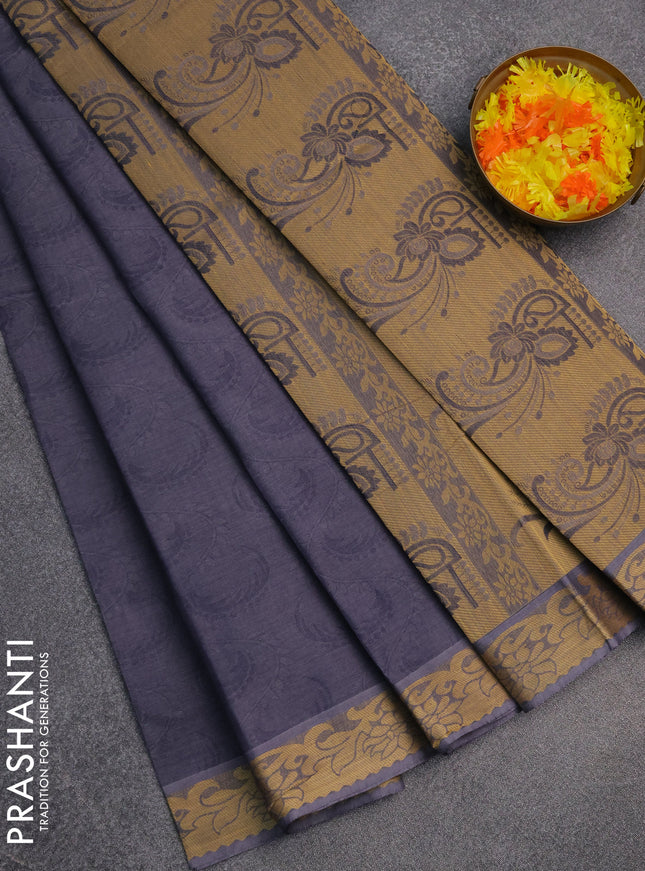 Coimbatore cotton saree greyish blue and sandal with allover self emboss and thread woven border