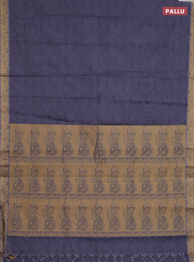 Coimbatore cotton saree greyish blue and sandal with allover self emboss and thread woven border