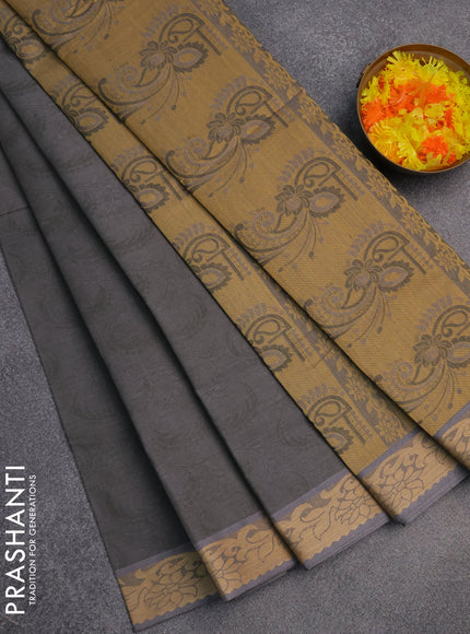 Coimbatore cotton saree grey and sandal with allover self emboss and thread woven border