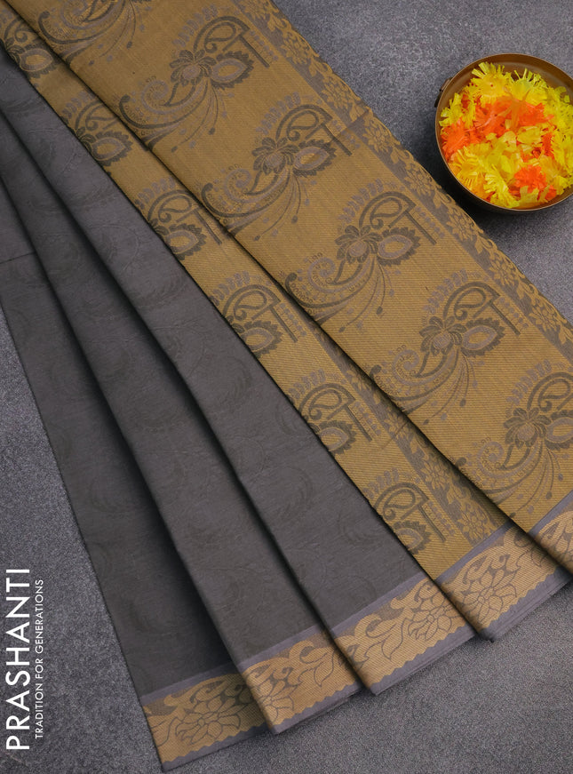 Coimbatore cotton saree grey and sandal with allover self emboss and thread woven border