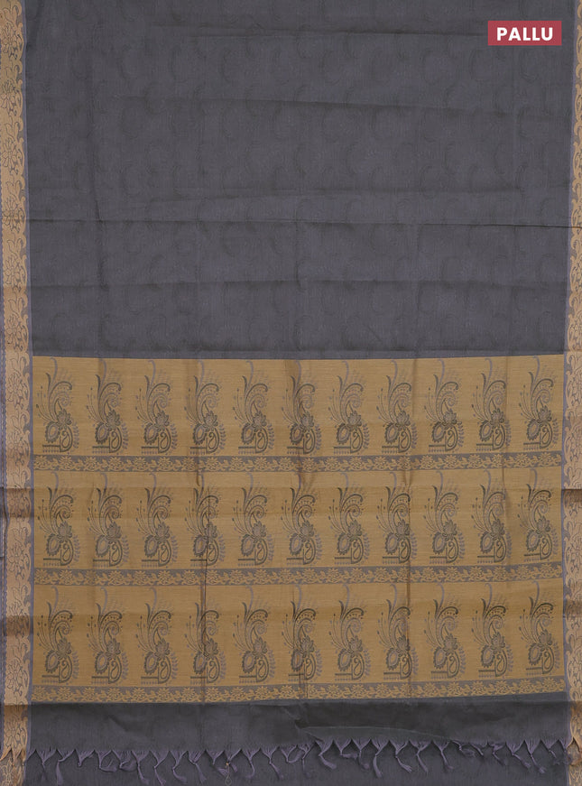 Coimbatore cotton saree grey and sandal with allover self emboss and thread woven border