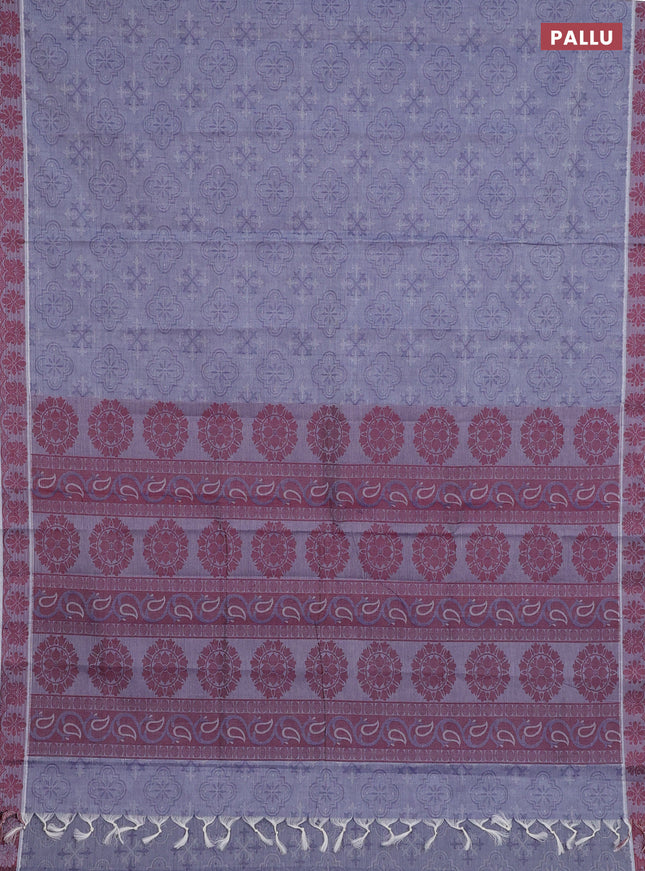Coimbatore cotton saree greyish blue and maroon with allover self emboss and thread woven border