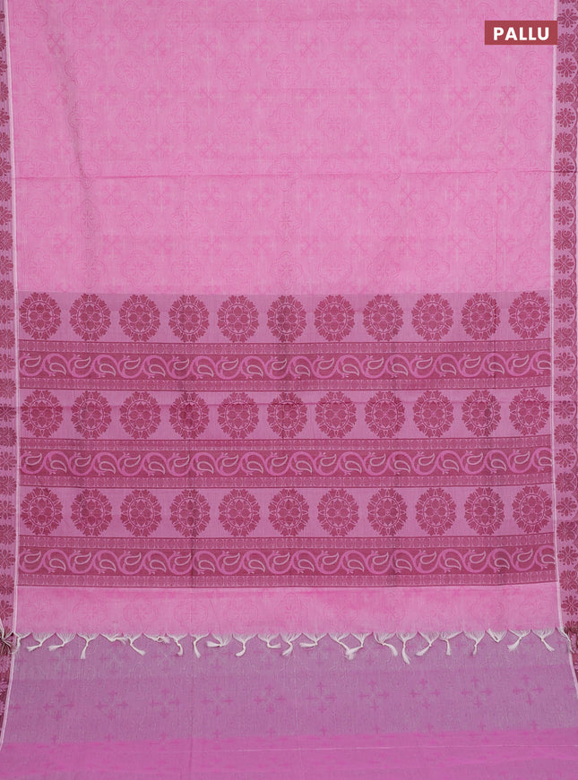 Coimbatore cotton saree light pink and maroon with allover self emboss and thread woven border