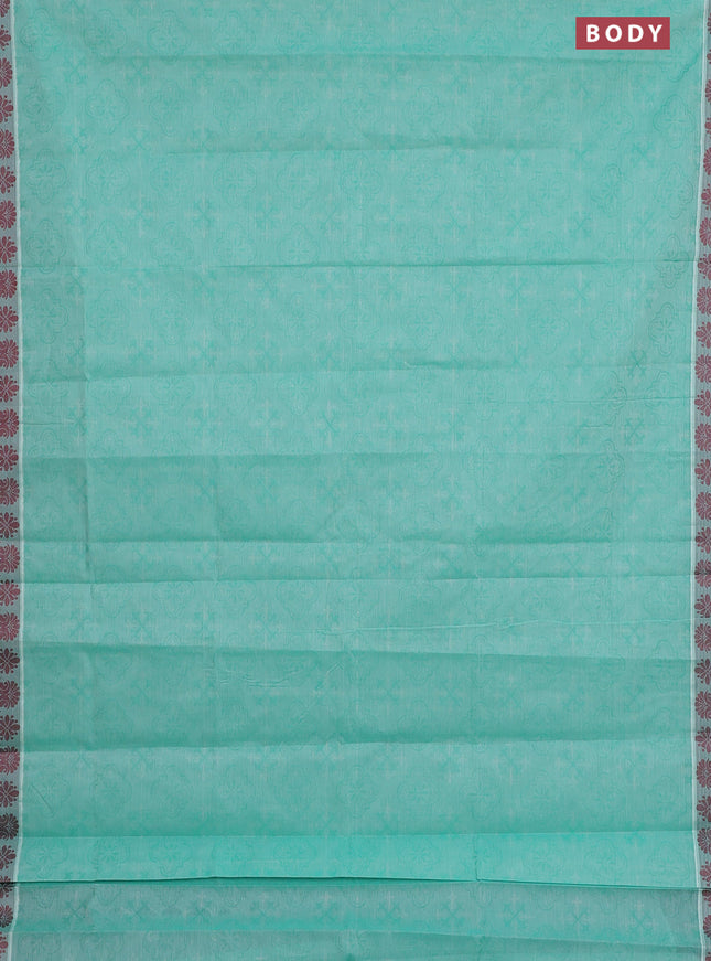 Coimbatore cotton saree teal green shade and maroon with allover self emboss and thread woven border