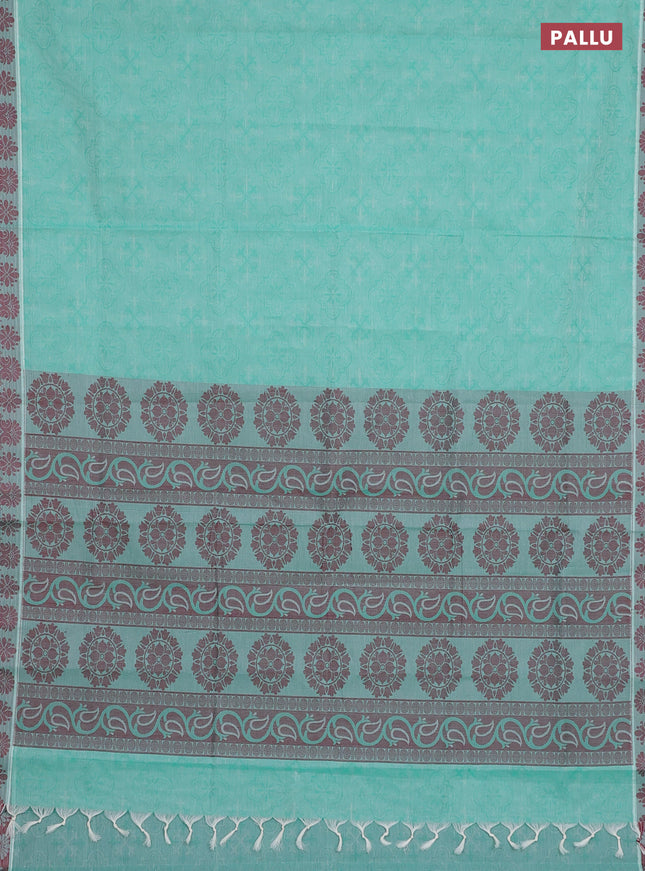 Coimbatore cotton saree teal green shade and maroon with allover self emboss and thread woven border