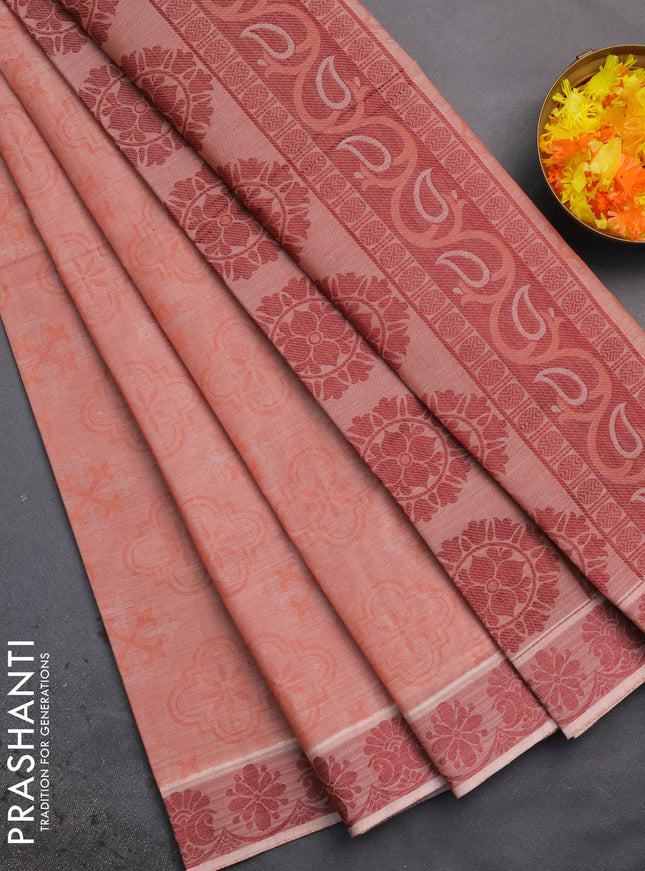 Coimbatore cotton saree rust shade and maroon with allover self emboss and thread woven border