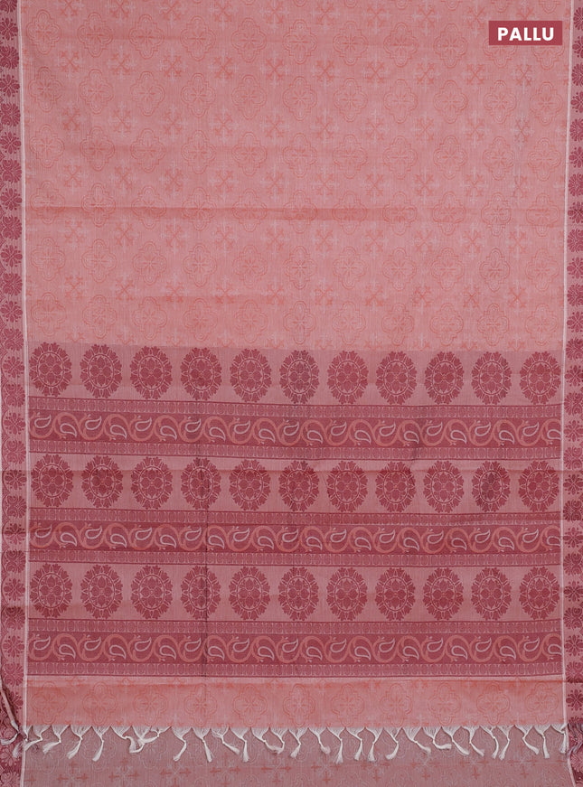 Coimbatore cotton saree rust shade and maroon with allover self emboss and thread woven border