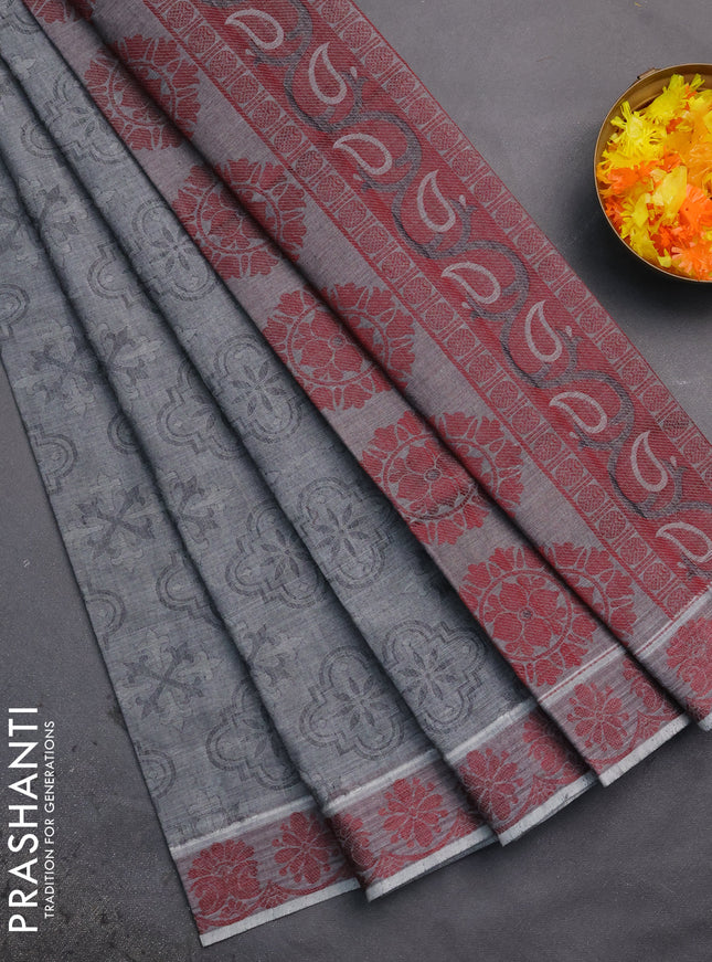 Coimbatore cotton saree grey and maroon with allover self emboss and thread woven border