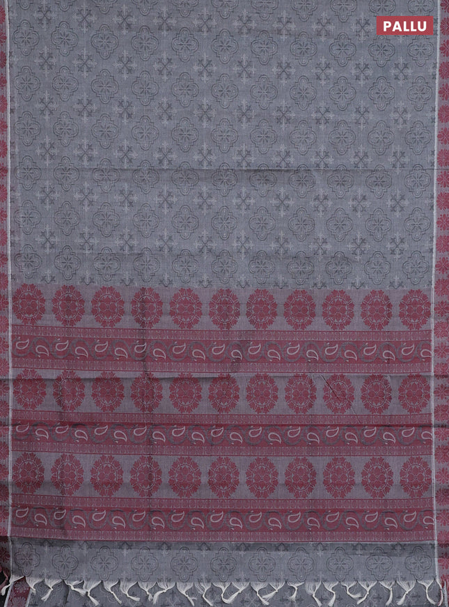 Coimbatore cotton saree grey and maroon with allover self emboss and thread woven border