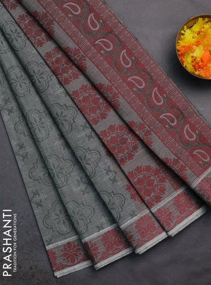 Coimbatore cotton saree greyish green and maroon with allover self emboss and thread woven border