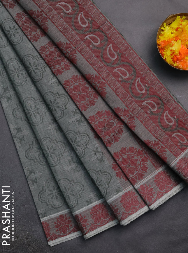 Coimbatore cotton saree greyish green and maroon with allover self emboss and thread woven border
