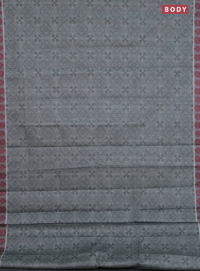 Coimbatore cotton saree greyish green and maroon with allover self emboss and thread woven border