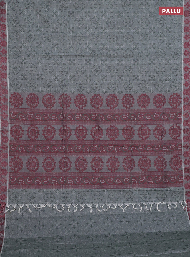 Coimbatore cotton saree greyish green and maroon with allover self emboss and thread woven border